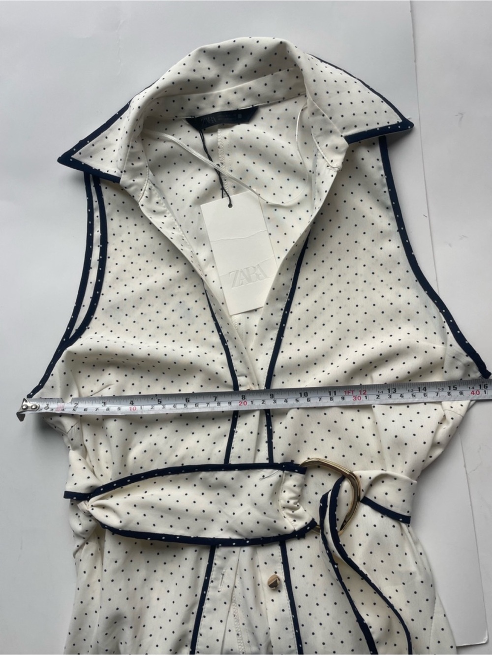 Zara Sleeveless White Belted Polka Dot Button Up Shirtdress with Black Trim - Picture 7 of 7